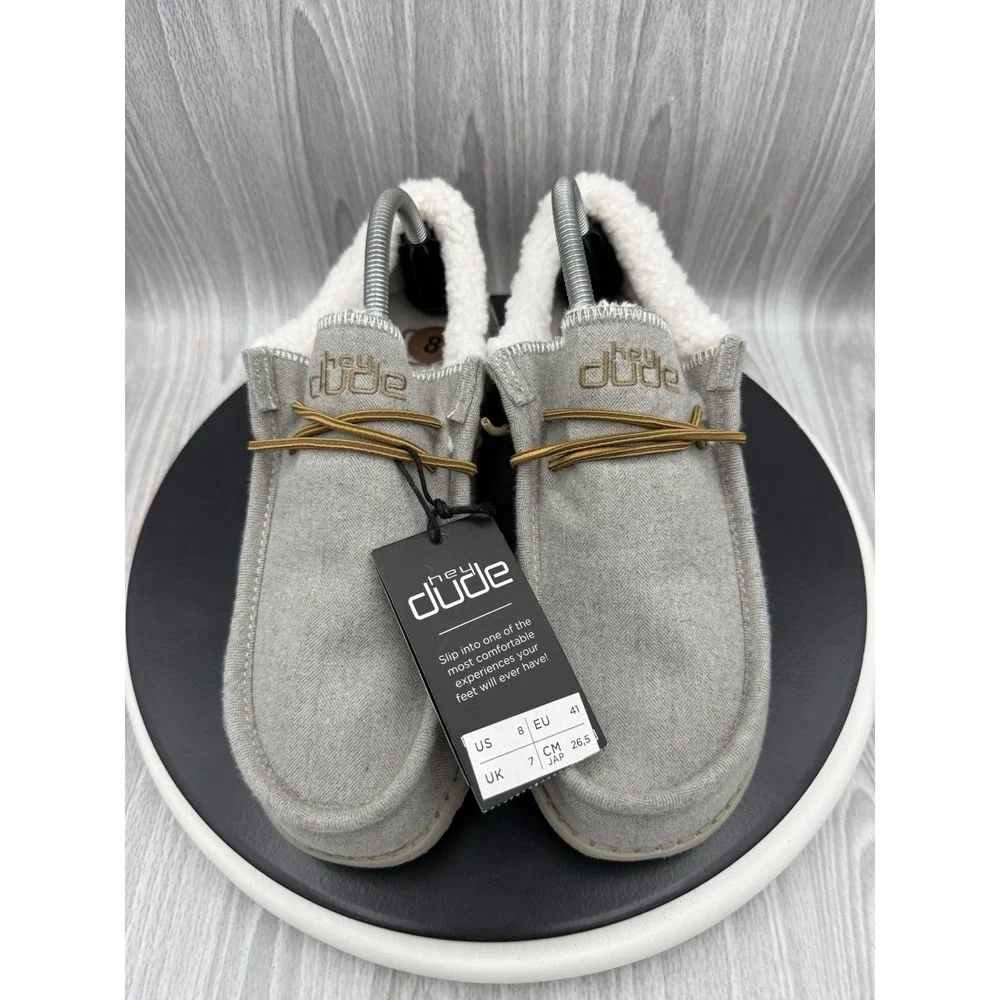 Hey Dude Wally Mens Size 8 Herringbone Grey Faux Sherpa Casual Slip On Shoes NEW